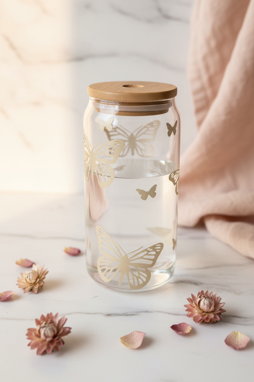 Butterfly Glass Can Cup - Edited Background