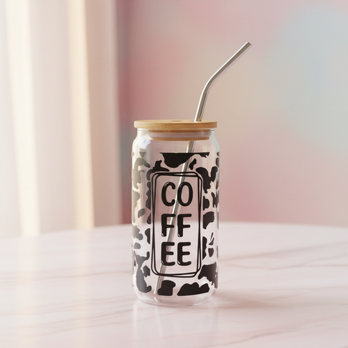 Cow Print Coffee Glass + Straw Set - Lifestyle
