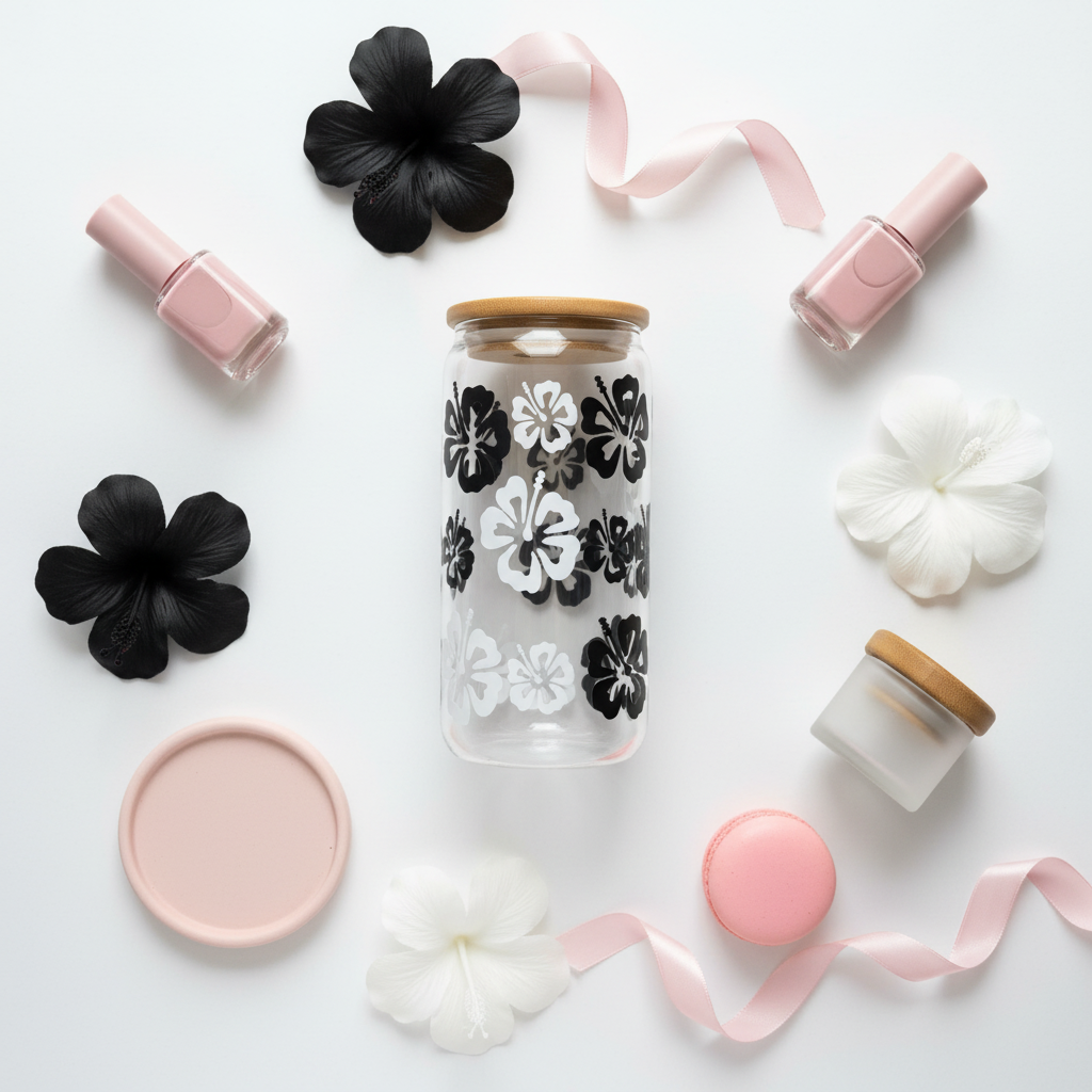 Hibiscus Glass Can Cup flat lay