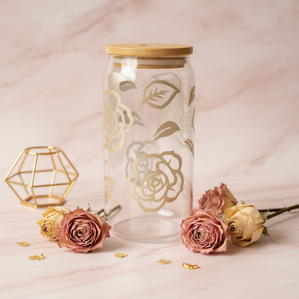 Gold Rose Glass Can Cup with Bamboo Lid