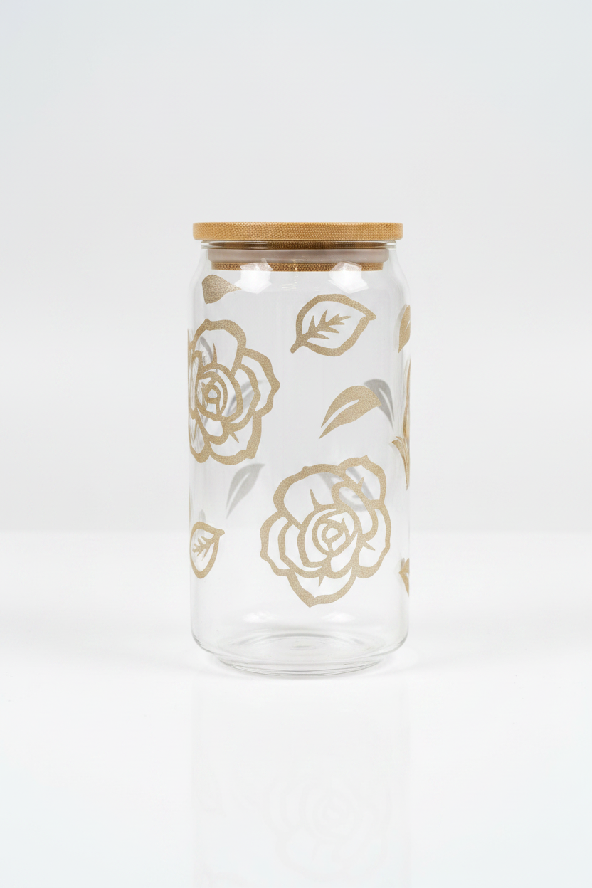Gold Rose Glass Can Cup with Bamboo Lid