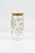 Gold Rose Glass Can Cup with Bamboo Lid