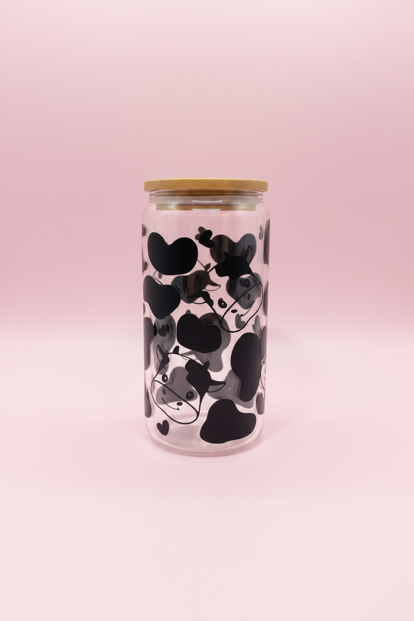 Kawaii Cow Glass Cup - Pastel Pink Background