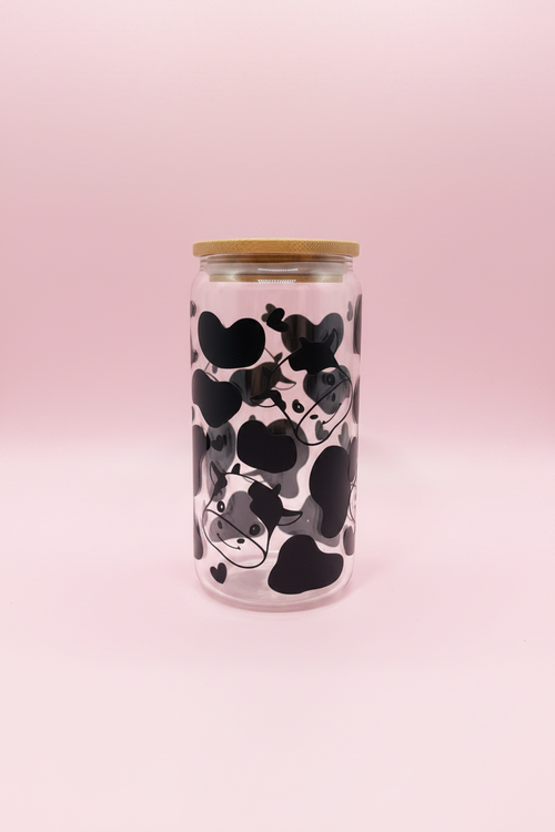 Kawaii Cow Glass Cup - Pastel Pink Background